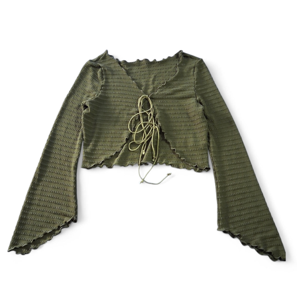 Romwe Hippie Lettuce Trim Tie Front Crop Top Womens Size Large - Picture 2 of 5